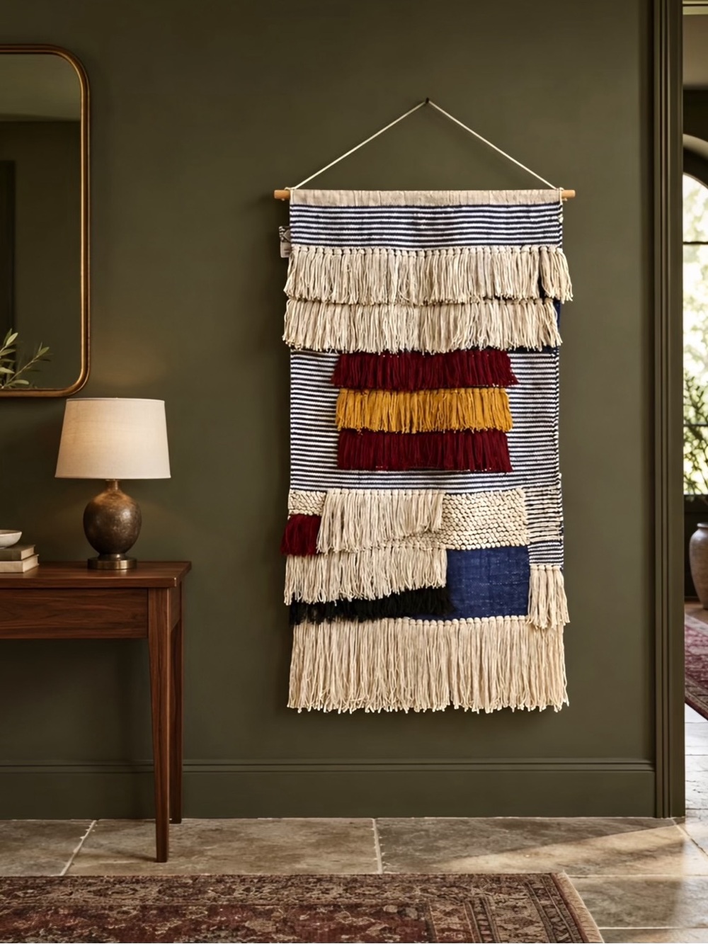 Artisan Market Boho Woven Wall Hanging Navy Burgundy Cotton Fringe Tapestry NWT